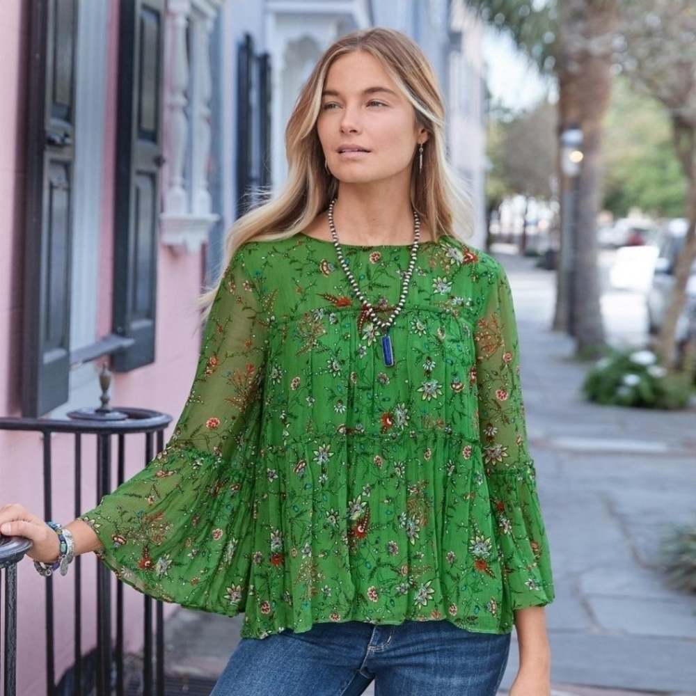 Sundance Green Floral Flowy Top - Picture 1 of 7